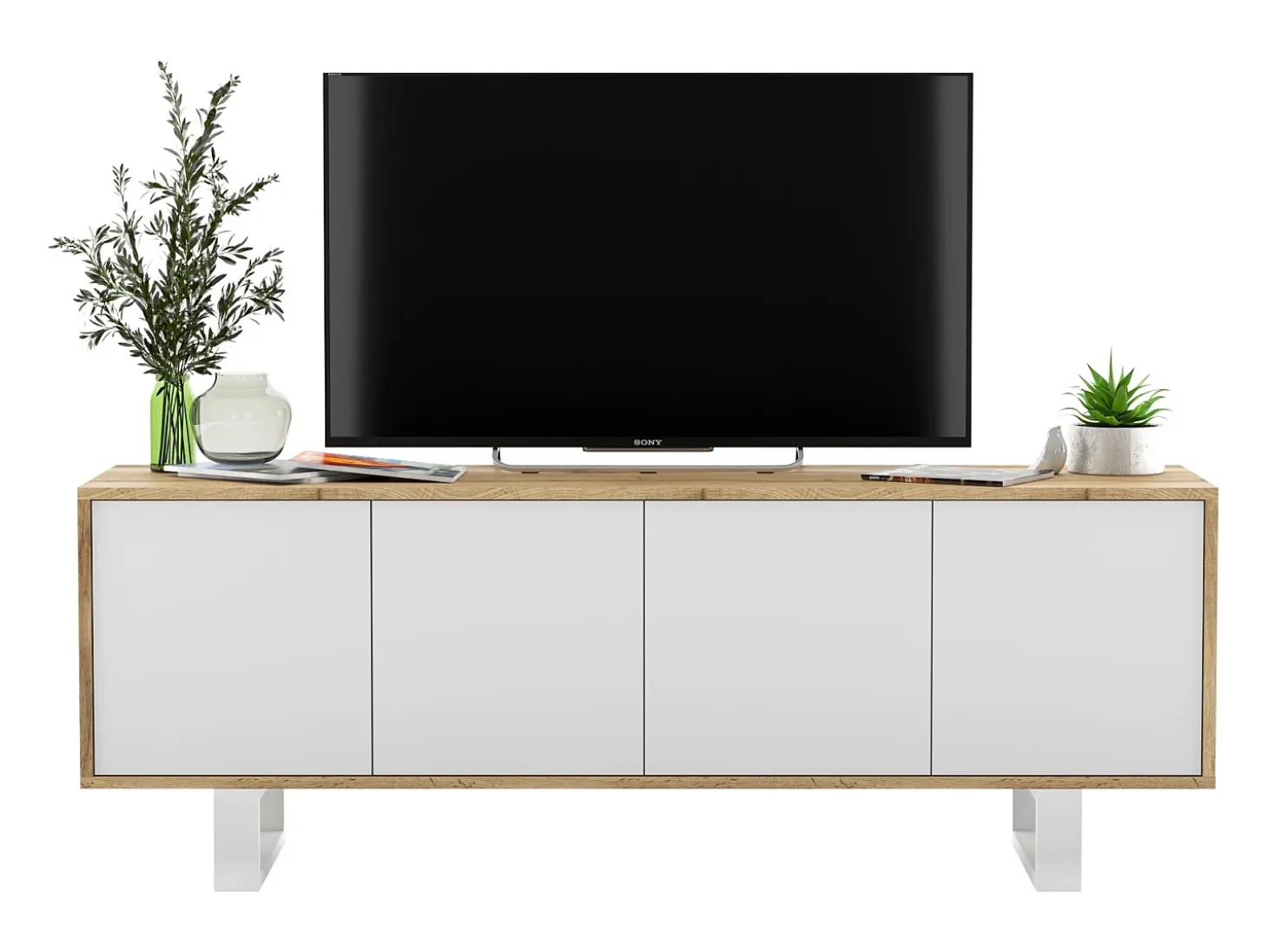Mueble de TV con 4 puertas - estructura roble wotan frentes blanco mate - 150 cm, patas de metal