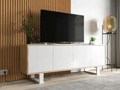 Mueble de TV con 4 puertas - estructura roble wotan frentes blanco mate - 150 cm, patas de metal