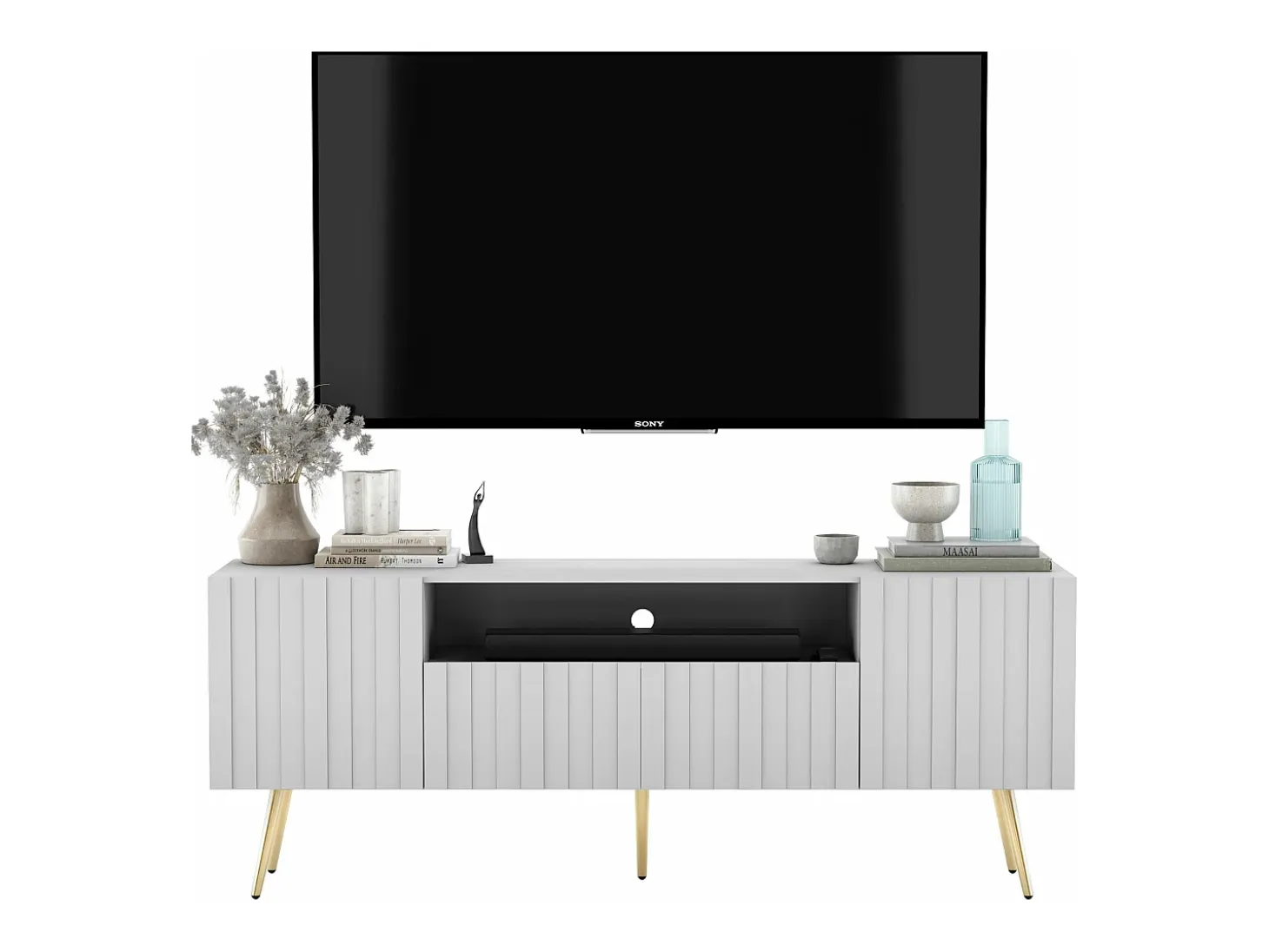 Mueble de TV con 3 puertas y hueco – Cuerpo blanco mate, frentes acanalados blanco mate – 150 cm, patas negras