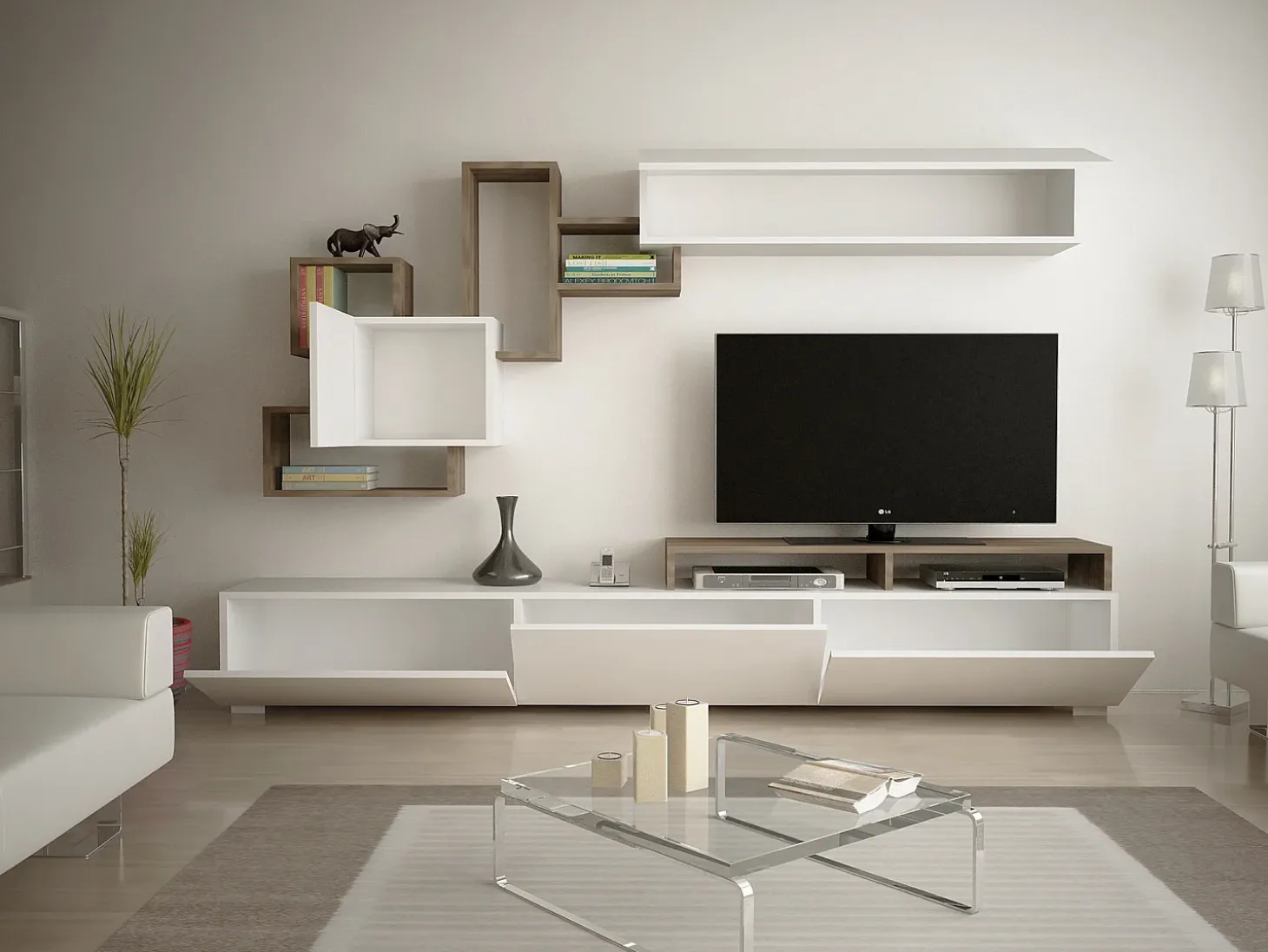 Mueble de TV con almacenaje - Natural claro y blanco - TALOLI II