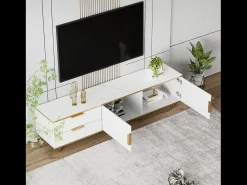 Mueble de TV con almacenaje, 2 puertas y 2 cajones, mueble de TV bajo, patas y tiradores dorados, color blanco