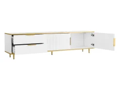 Mueble de TV con almacenaje, 2 puertas y 2 cajones, mueble de TV bajo, patas y tiradores dorados, color blanco