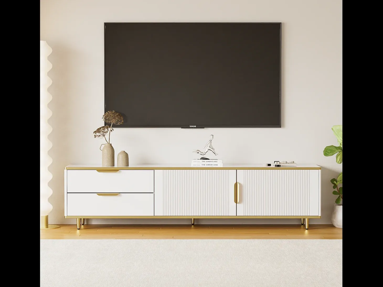 Mueble de TV con almacenaje, 2 puertas y 2 cajones, mueble de TV bajo, patas y tiradores dorados, color blanco
