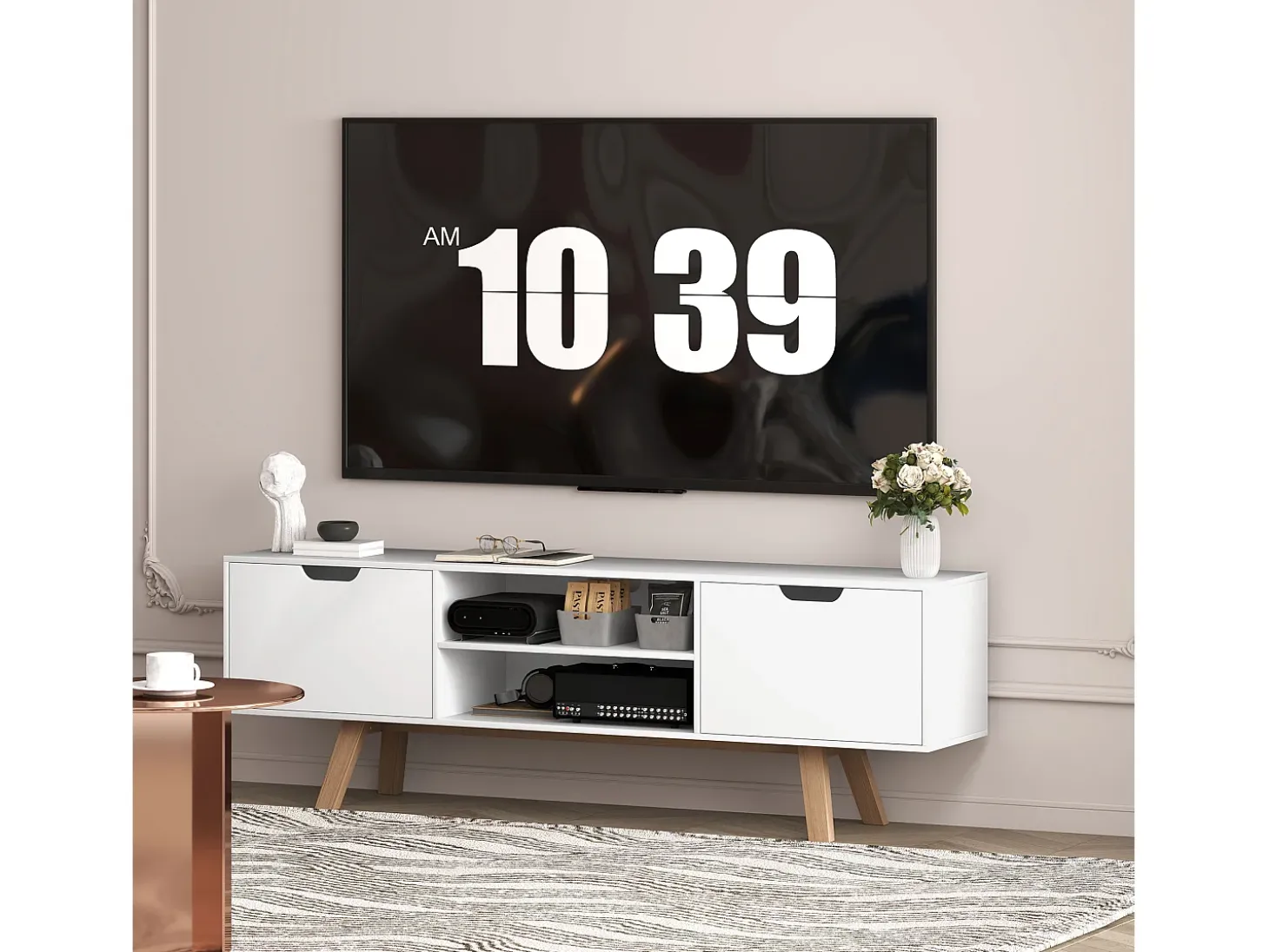 Mueble de TV con base de madera, moderno, escandinavo, 2 puertas, 2 nichos, color blanco, 150 x 39 x 50 cm
