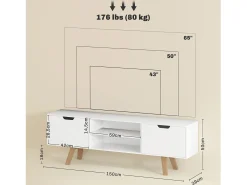 Mueble de TV con base de madera, moderno, escandinavo, 2 puertas, 2 nichos, color blanco, 150 x 39 x 50 cm