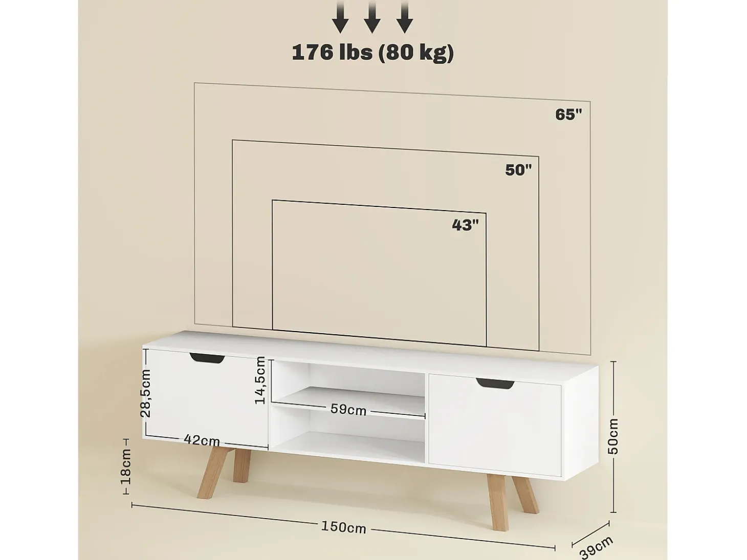 Mueble de TV con base de madera, moderno, escandinavo, 2 puertas, 2 nichos, color blanco, 150 x 39 x 50 cm