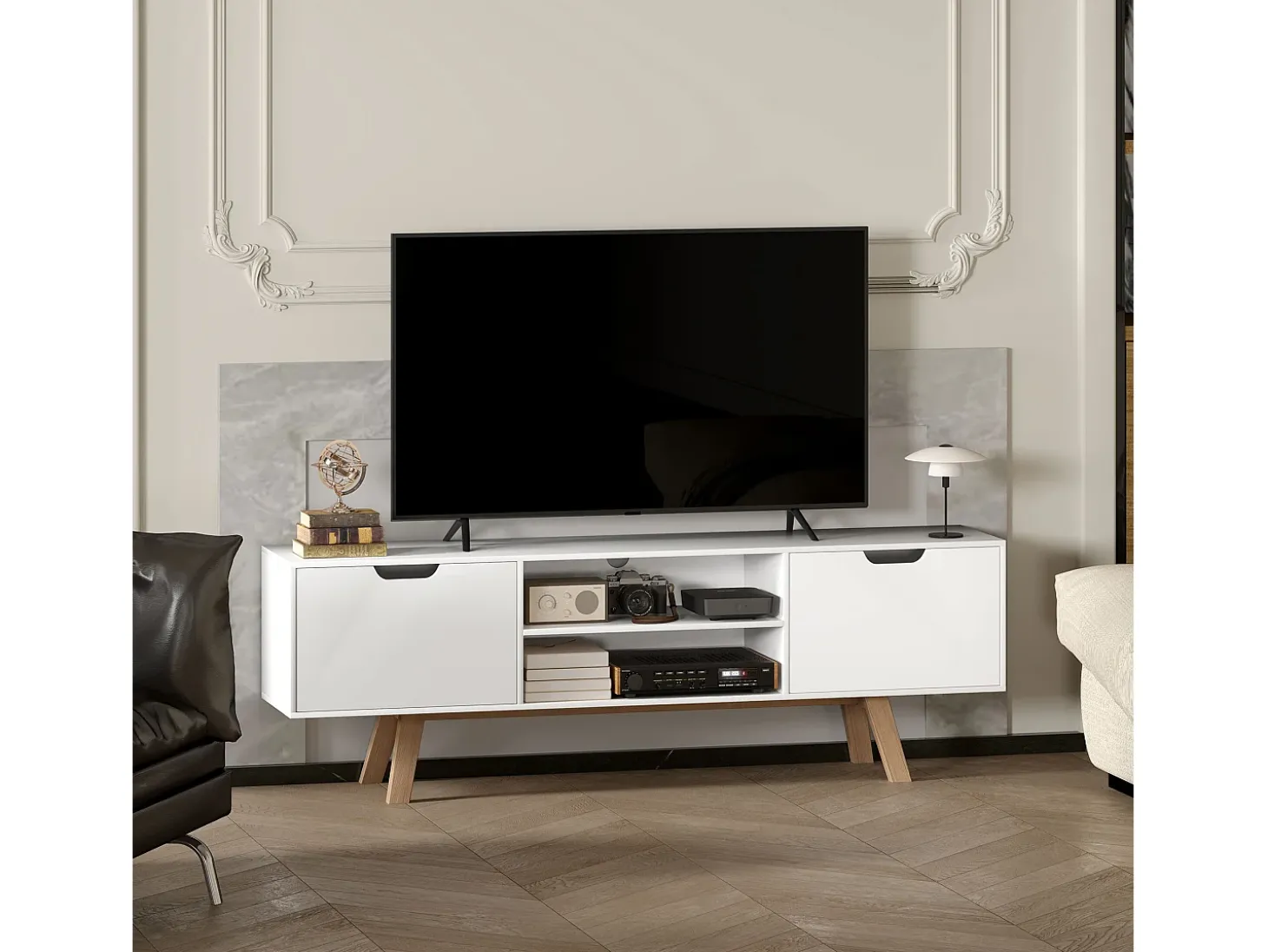 Mueble de TV con base de madera, moderno, escandinavo, 2 puertas, 2 nichos, color blanco, 150 x 39 x 50 cm