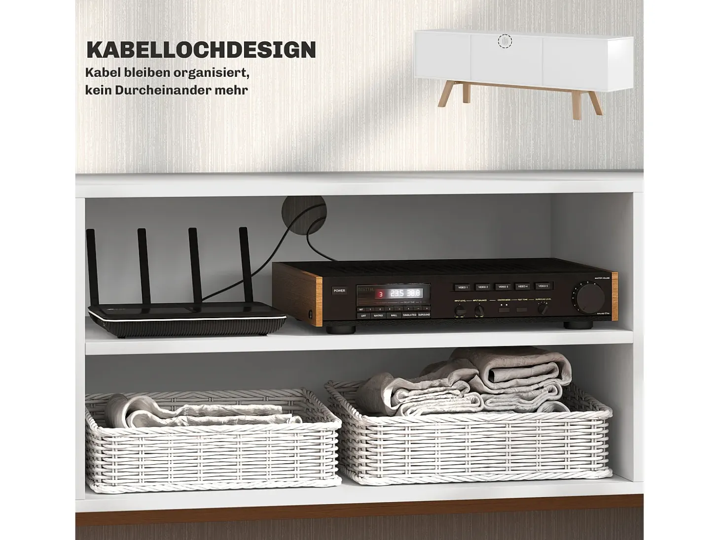 Mueble de TV con base de madera, moderno, escandinavo, 2 puertas, 2 nichos, color blanco, 150 x 39 x 50 cm