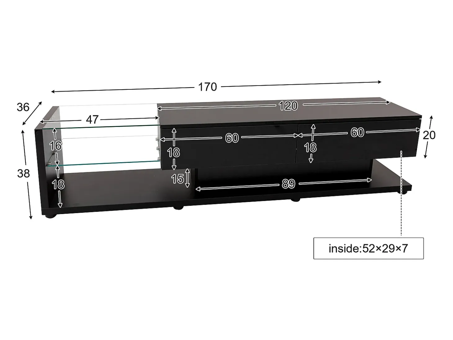 Mueble de TV con iluminación LED, 2 cajones y 2 estantes de cristal - Negro