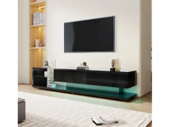 Mueble de TV con iluminación LED, 2 cajones y 2 estantes de cristal - Negro