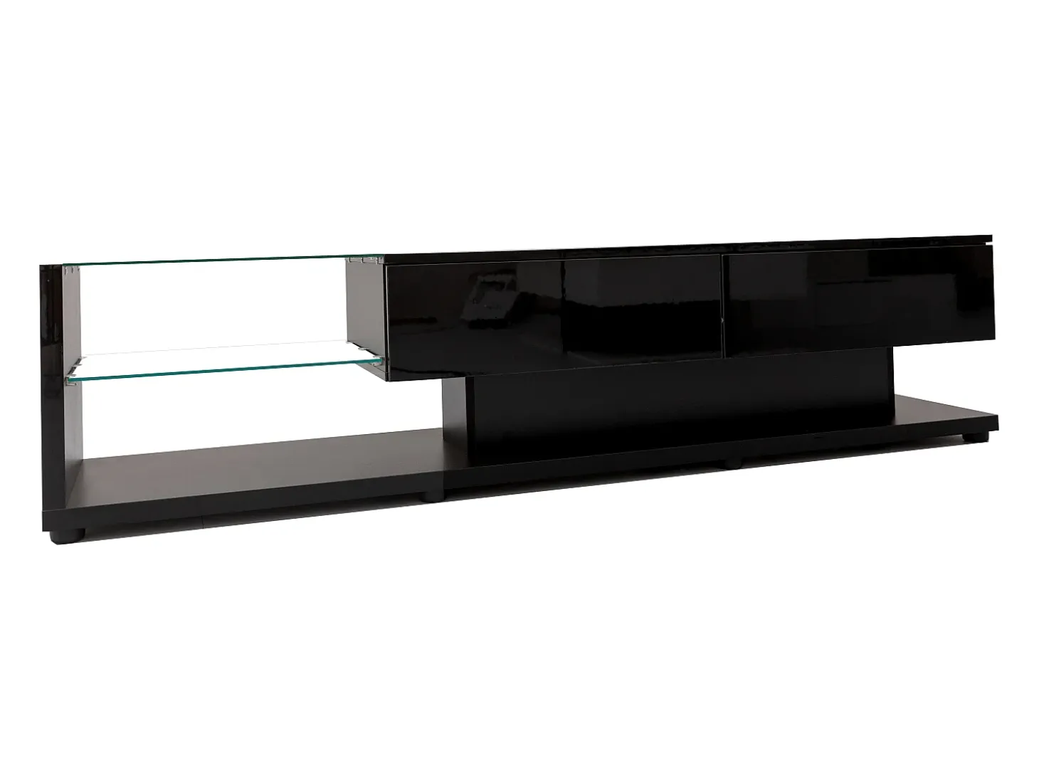 Mueble de TV con iluminación LED, 2 cajones y 2 estantes de cristal - Negro