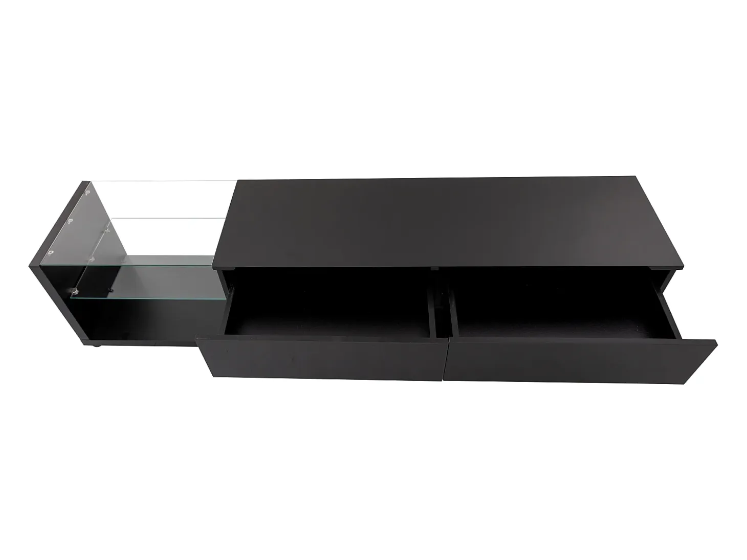 Mueble de TV con iluminación LED, 2 cajones y 2 estantes de cristal - Negro