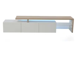 Mueble de TV con iluminación LED, mueble bajo, aparador con estante de cristal, blanco, 200 x 39 x 42 cm