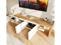 Mueble de TV con iluminación LED, mueble bajo, aparador con estante de cristal, blanco, 200 x 39 x 42 cm