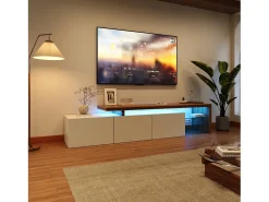 Mueble de TV con iluminación LED, mueble bajo, aparador con estante de cristal, blanco, 200 x 39 x 42 cm