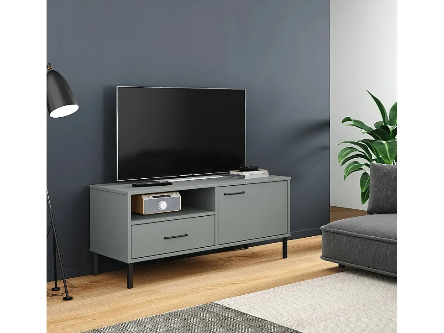 Mueble de TV con patas de metal OSLO madera maciza pino gris