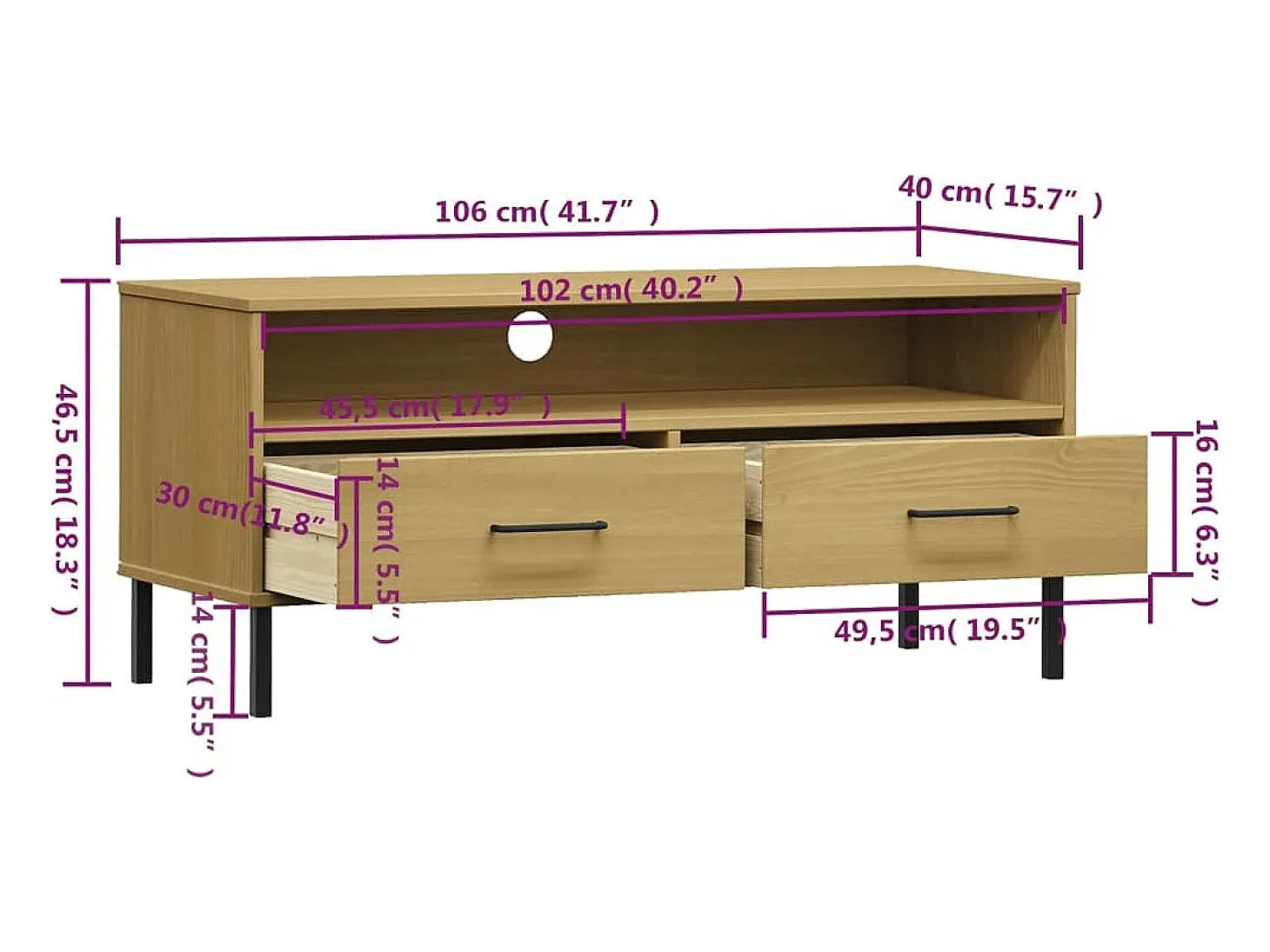 Mueble de TV con patas de metal OSLO madera maciza pino marrón