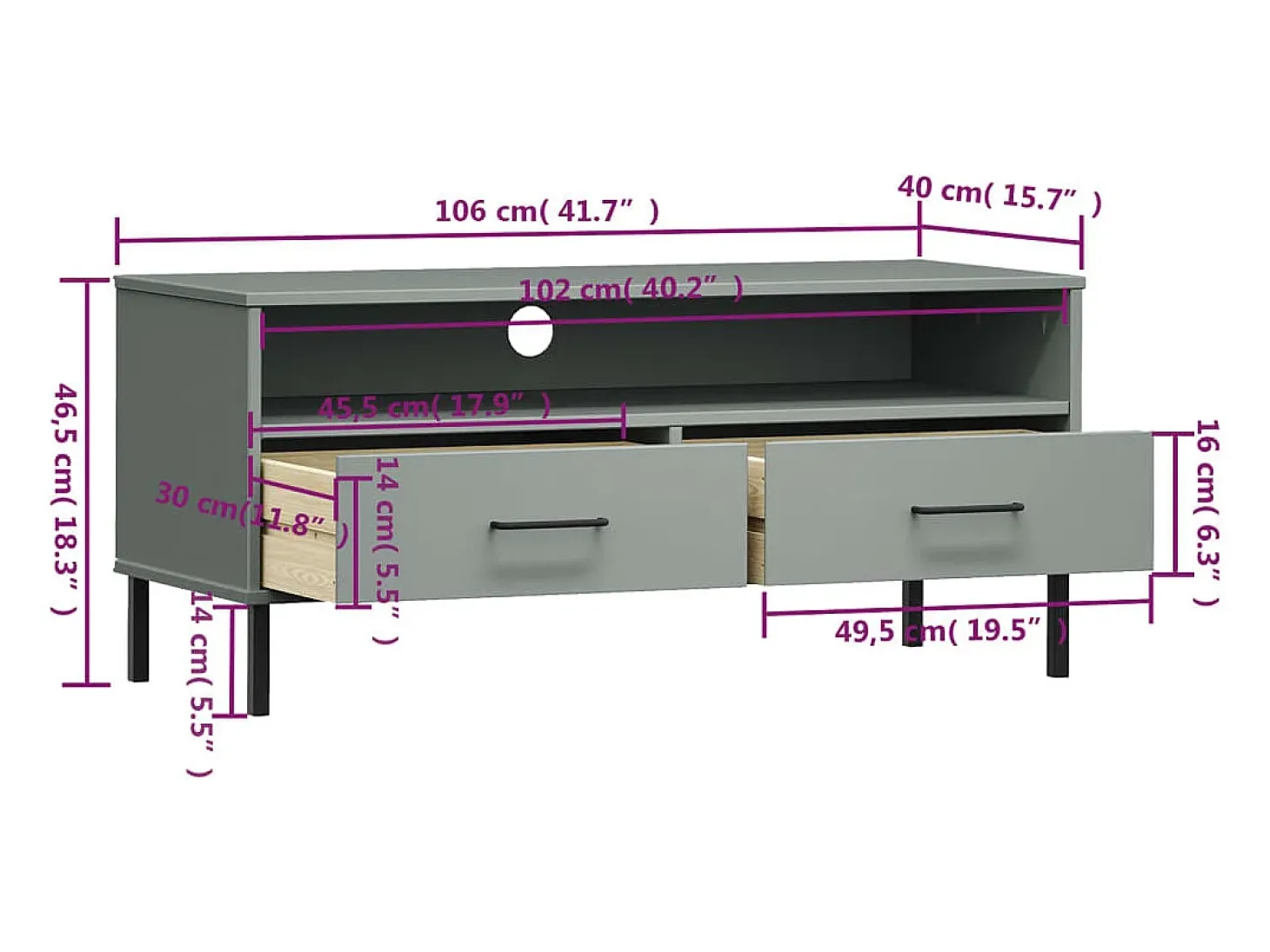 Mueble de TV con patas de metal OSLO madera maciza pino gris