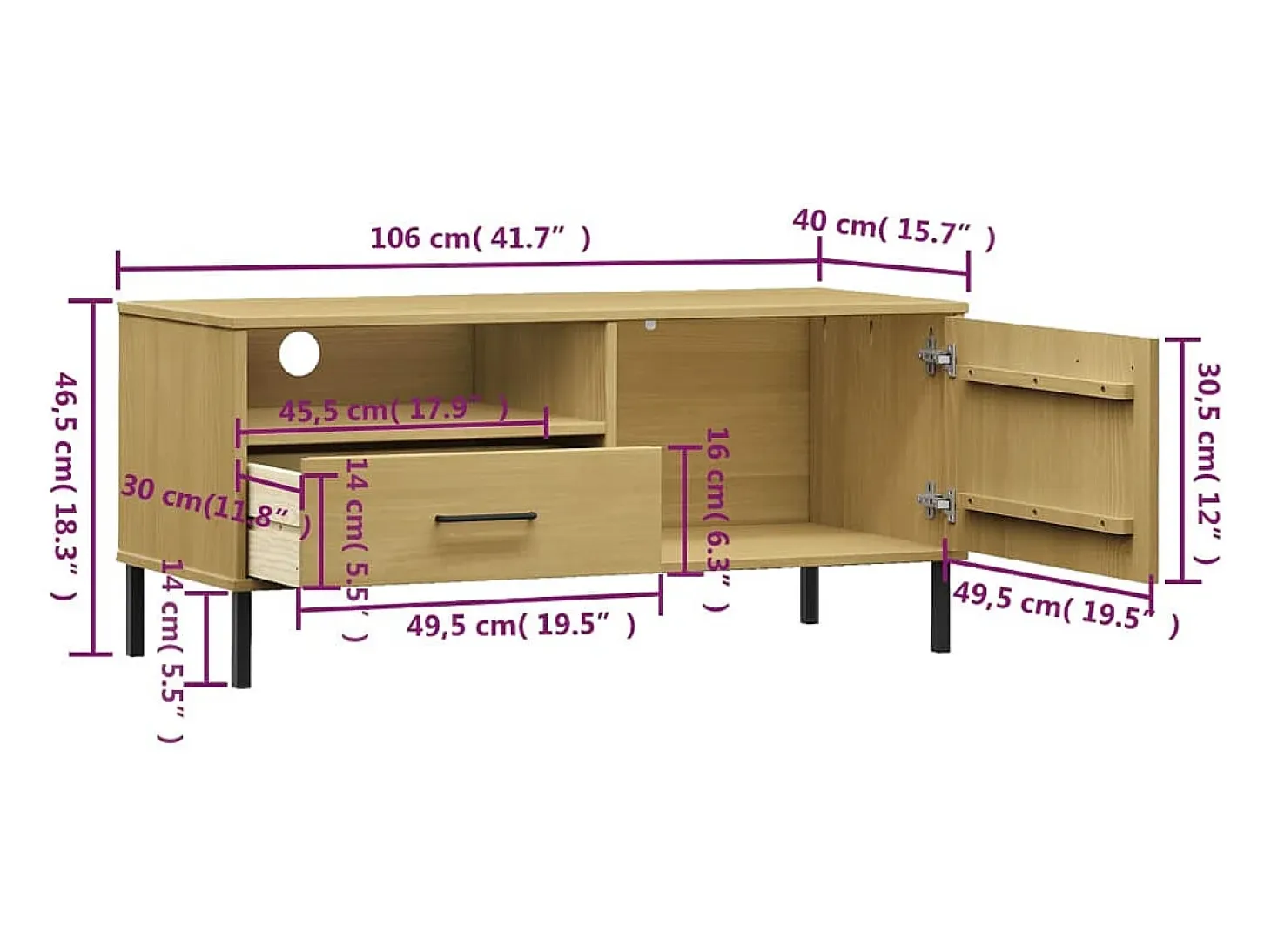 Mueble de TV con patas de metal OSLO madera maciza pino marrón