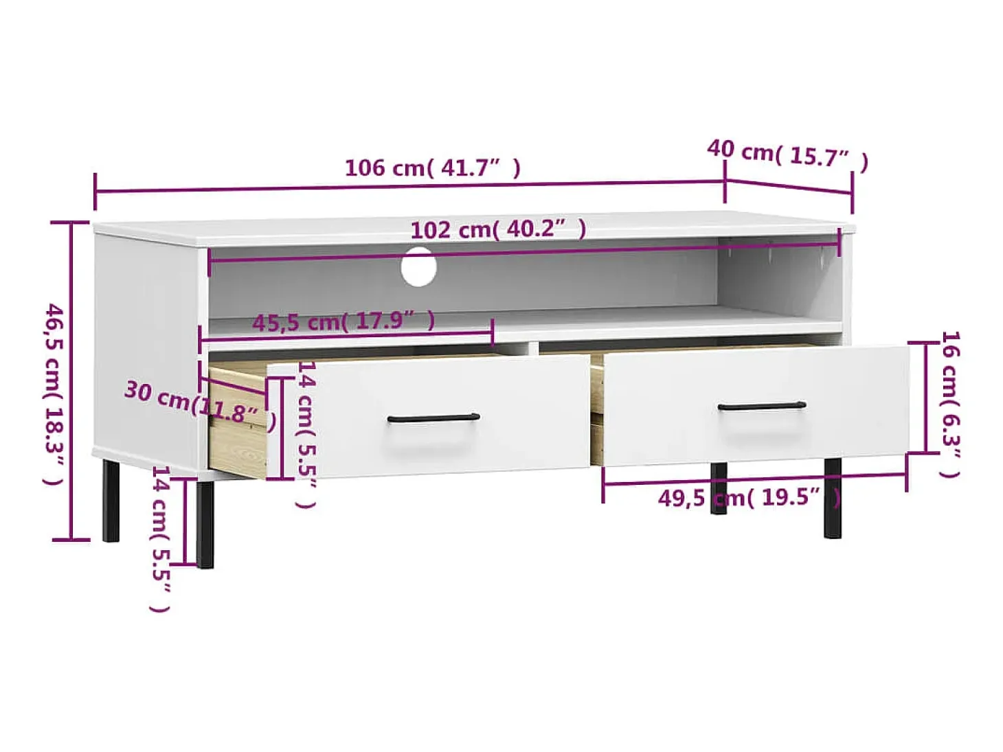Mueble de TV con patas de metal OSLO madera maciza pino blanco