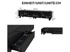 Mueble de TV con patas de madera - 180 x 40 x 42 cm - con 2 cajones + 4 puertas - aglomerado - negro