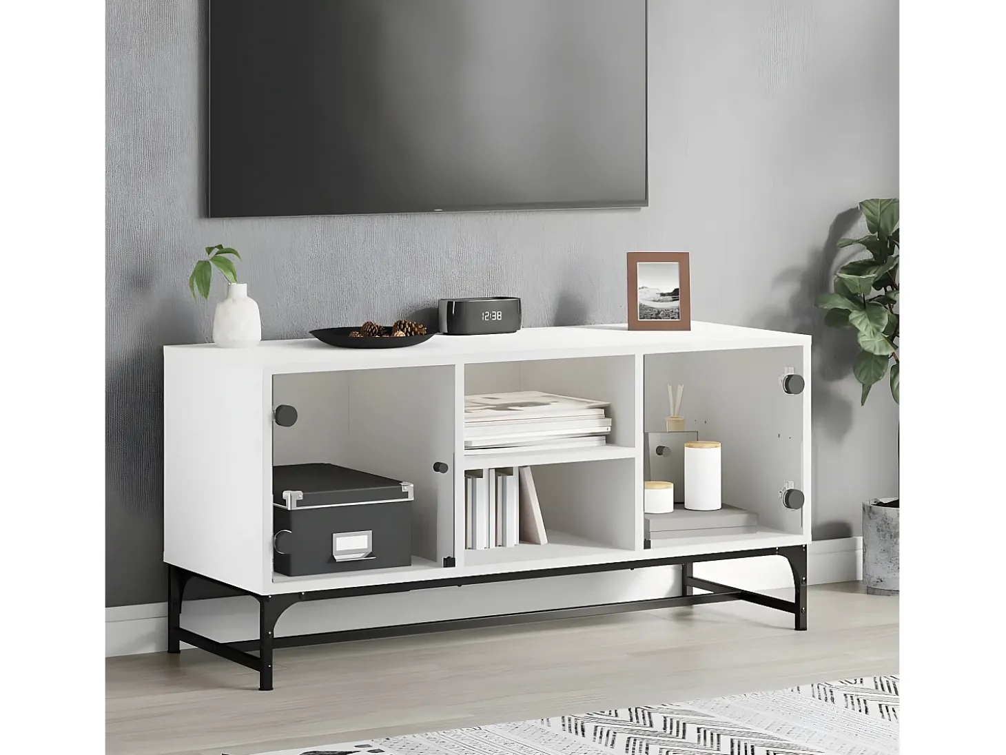 Mueble de TV con puertas de vidrio blanco 102x37x50 cm