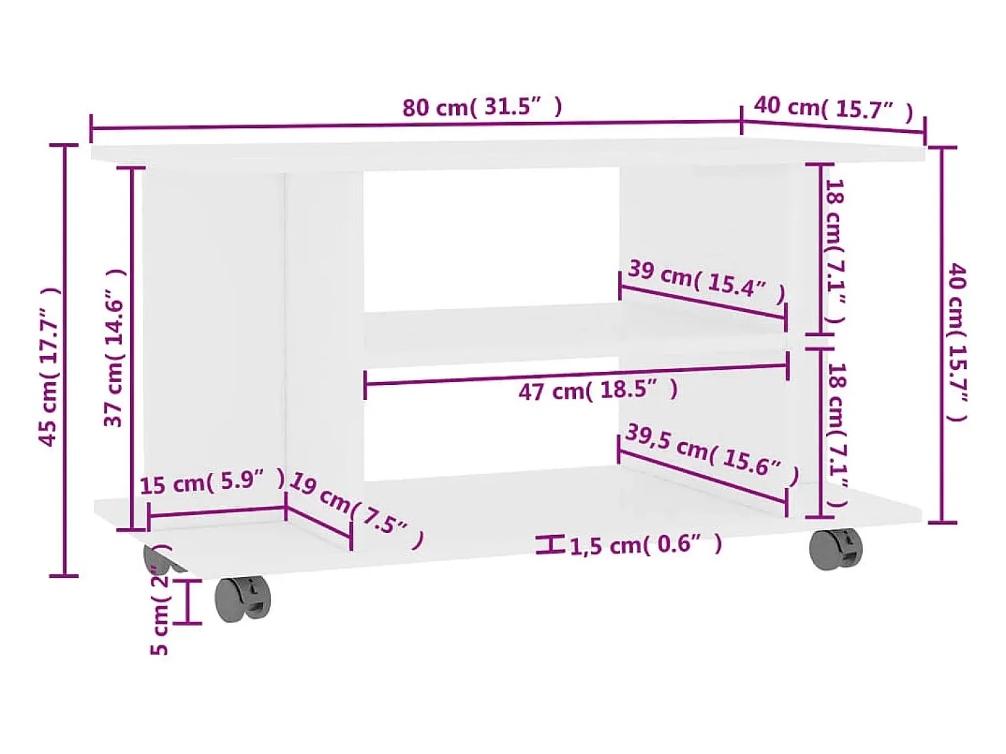 Mueble de TV con ruedas madera contrachapada blanco 80x40x40 cm