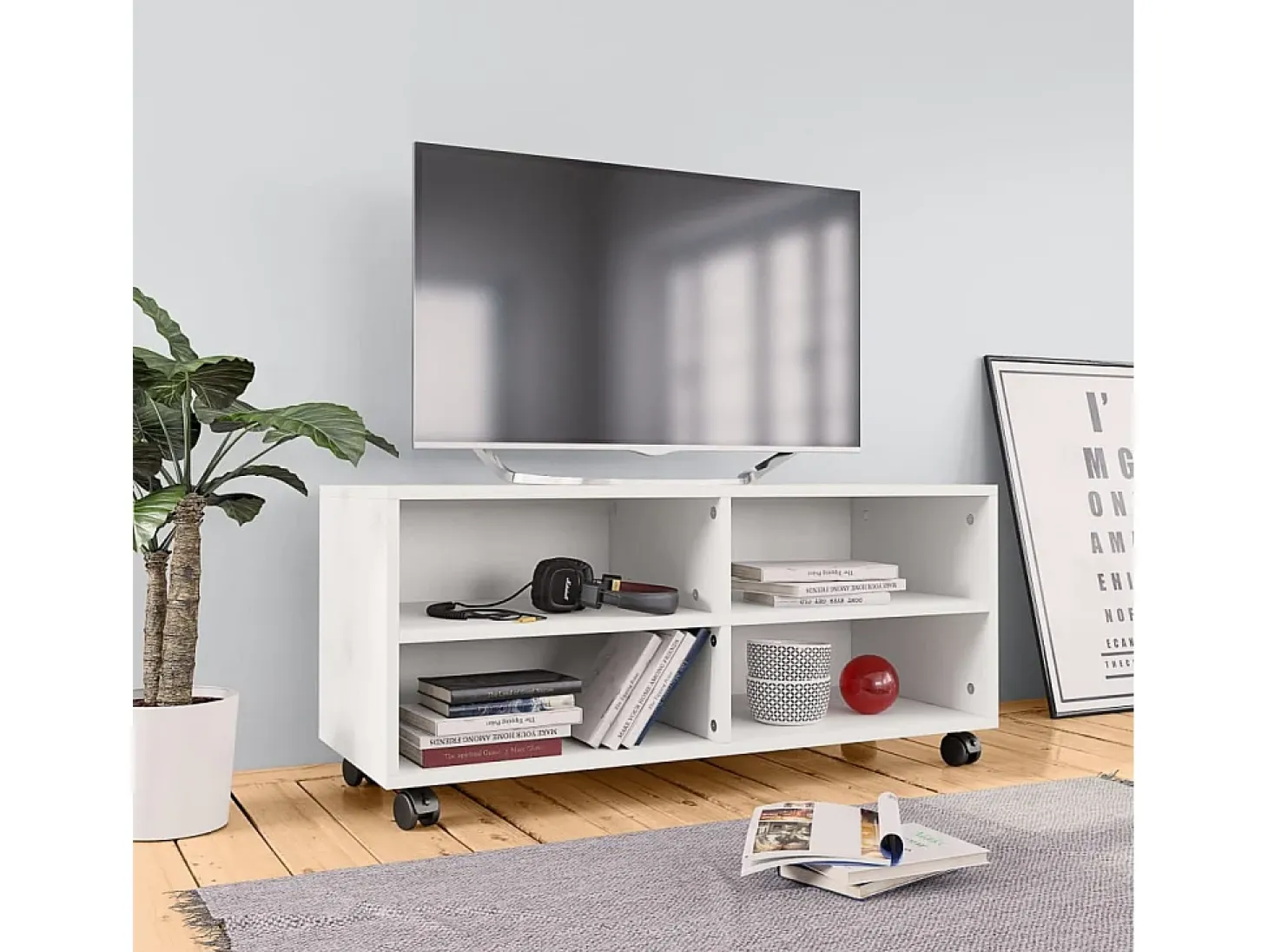 Mueble de TV con ruedas madera contrachapada blanco 90x35x35 cm