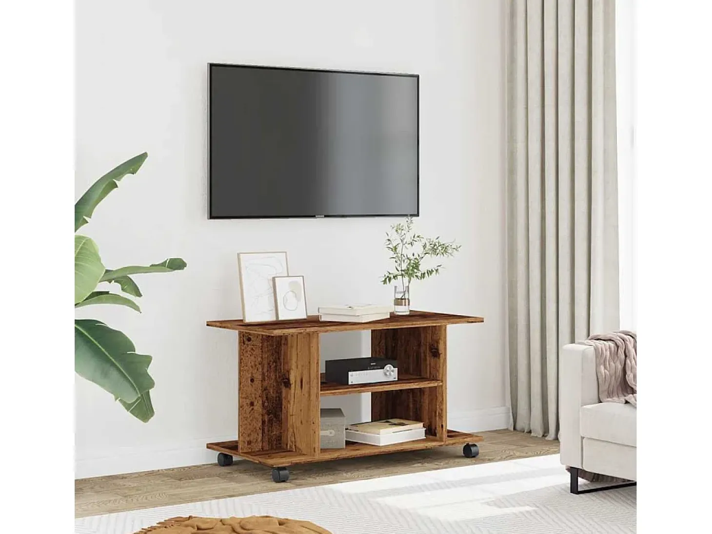 Mueble de TV con ruedas madera ingeniería envejecida 80x40x45cm
