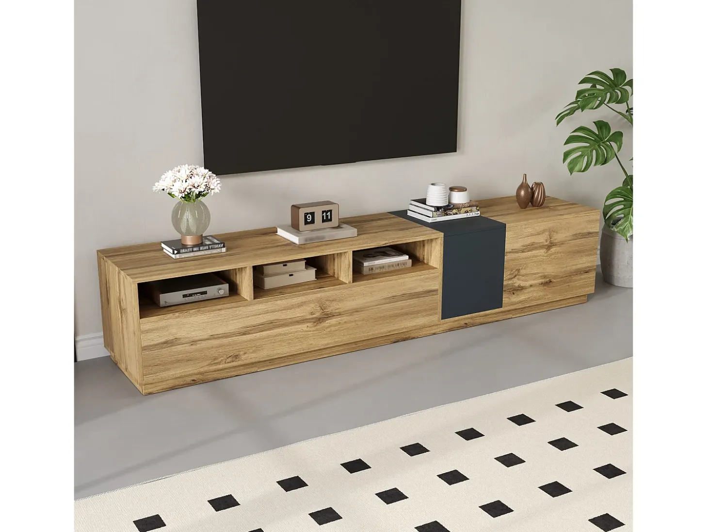 Mueble de TV de 200 cm con 3 puertas y 3 compartimentos abiertos, color natural - para salón