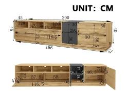 Mueble de TV de 200 cm con 3 puertas y 3 compartimentos abiertos, color natural - para salón