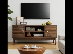 Mueble de TV de 110 cm con 2 puertas y almacenaje abierto, nogal - para salones y dormitorios