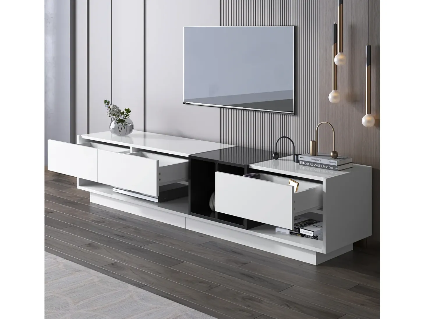 Mueble de TV de 190 cm, con 3 cajones, estantes abiertos, diseño de bloques de color, estilo moderno - Blanco