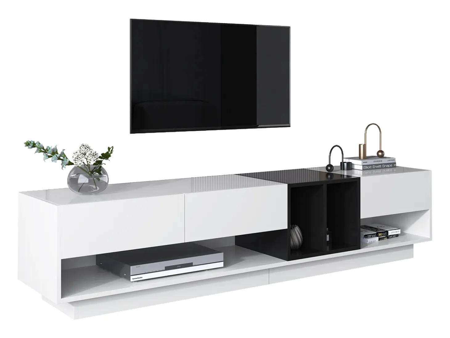 Mueble de TV de 190 cm, con 3 cajones, estantes abiertos, diseño de bloques de color, estilo moderno - Blanco