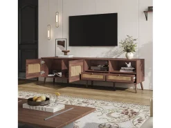 Mueble de TV de 200 cm con 2 puertas de ratán y 2 cajones, color marrón - para salón y dormitorio