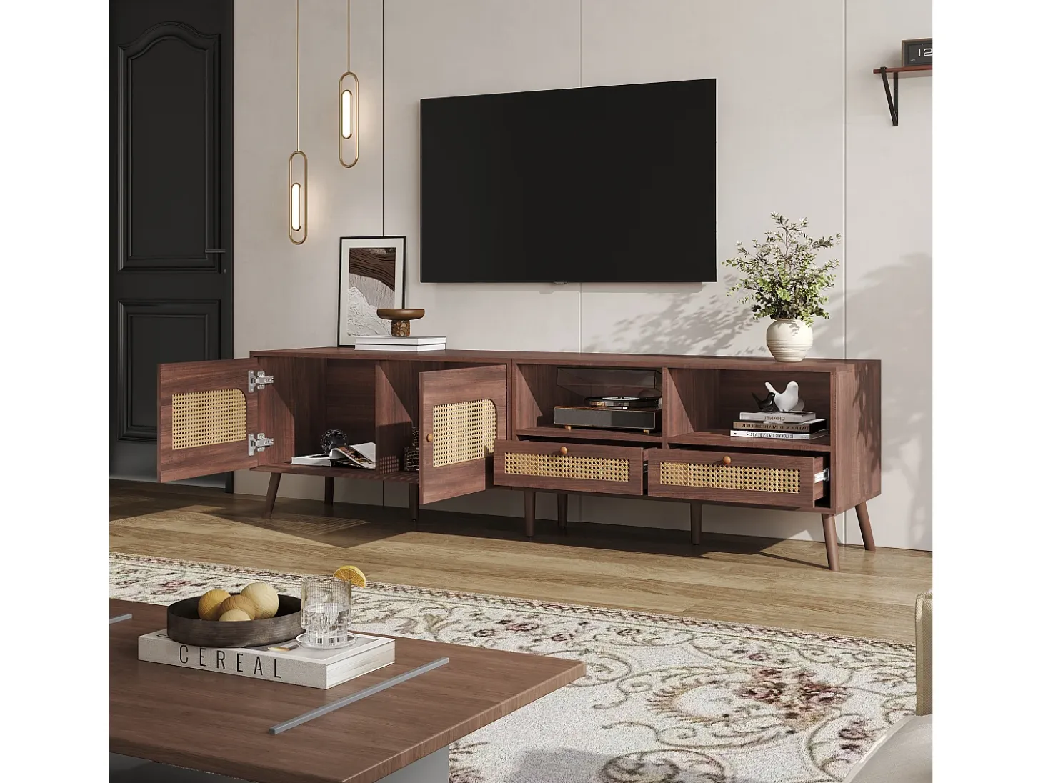 Mueble de TV de 200 cm con 2 puertas de ratán y 2 cajones, color marrón - para salón y dormitorio