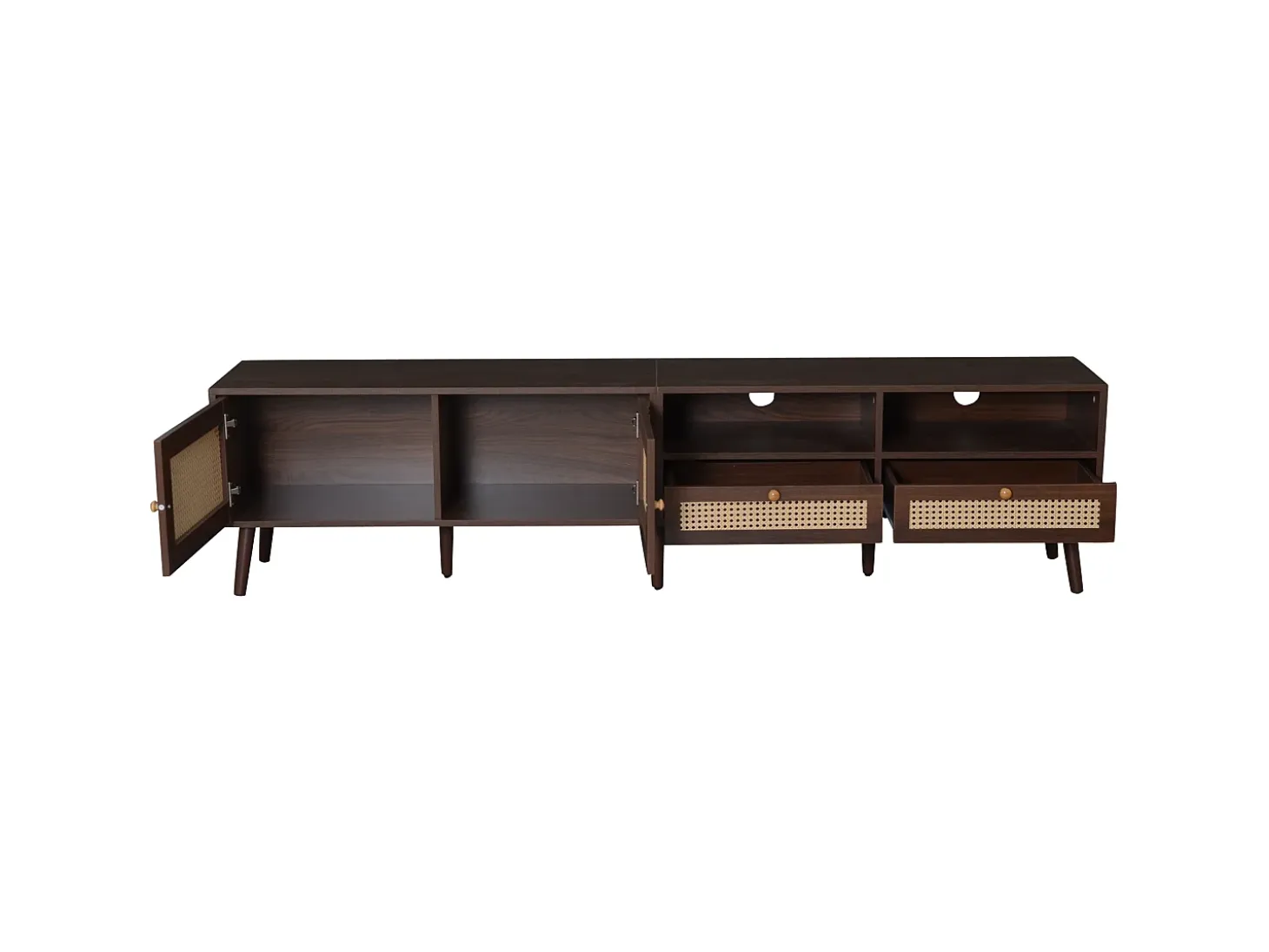 Mueble de TV de 200 cm con 2 puertas de ratán y 2 cajones, color marrón - para salón y dormitorio