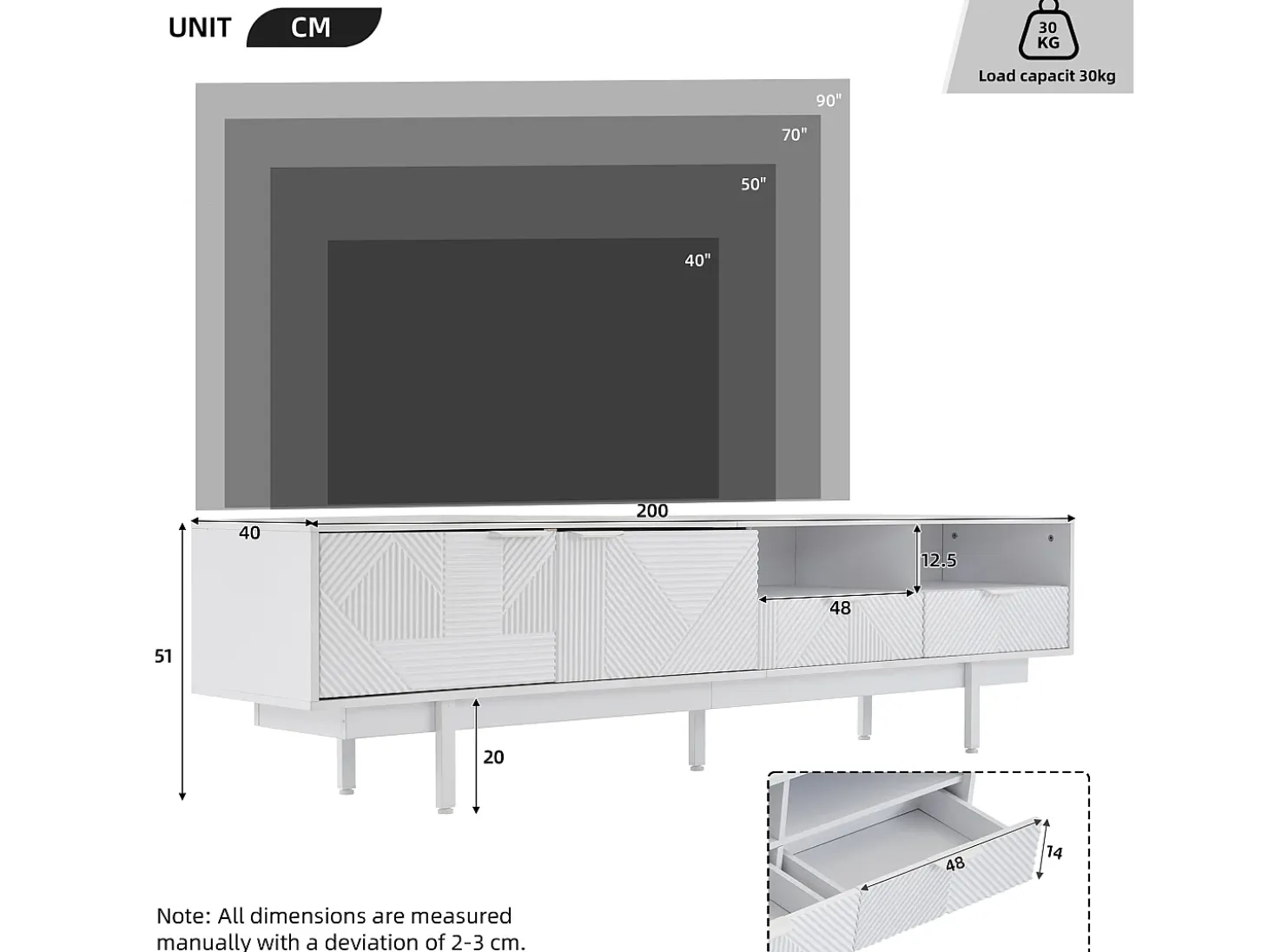 Mueble de TV de 200 cm, mueble de TV blanco con 2 puertas y 2 cajones, estilo moderno, para salón y oficina