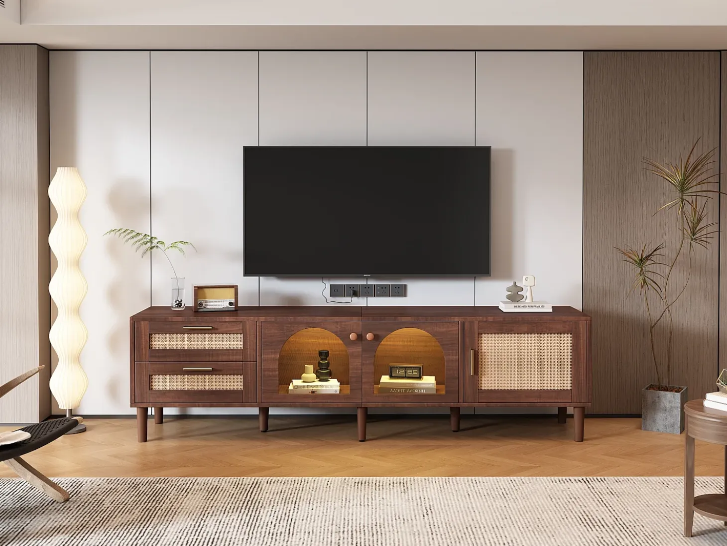 Mueble de TV de 180 cm para TV de 80" con 2 cajones de ratán, 2 puertas de cristal curvo y 1 puerta de ratán, iluminación LED, color marrón