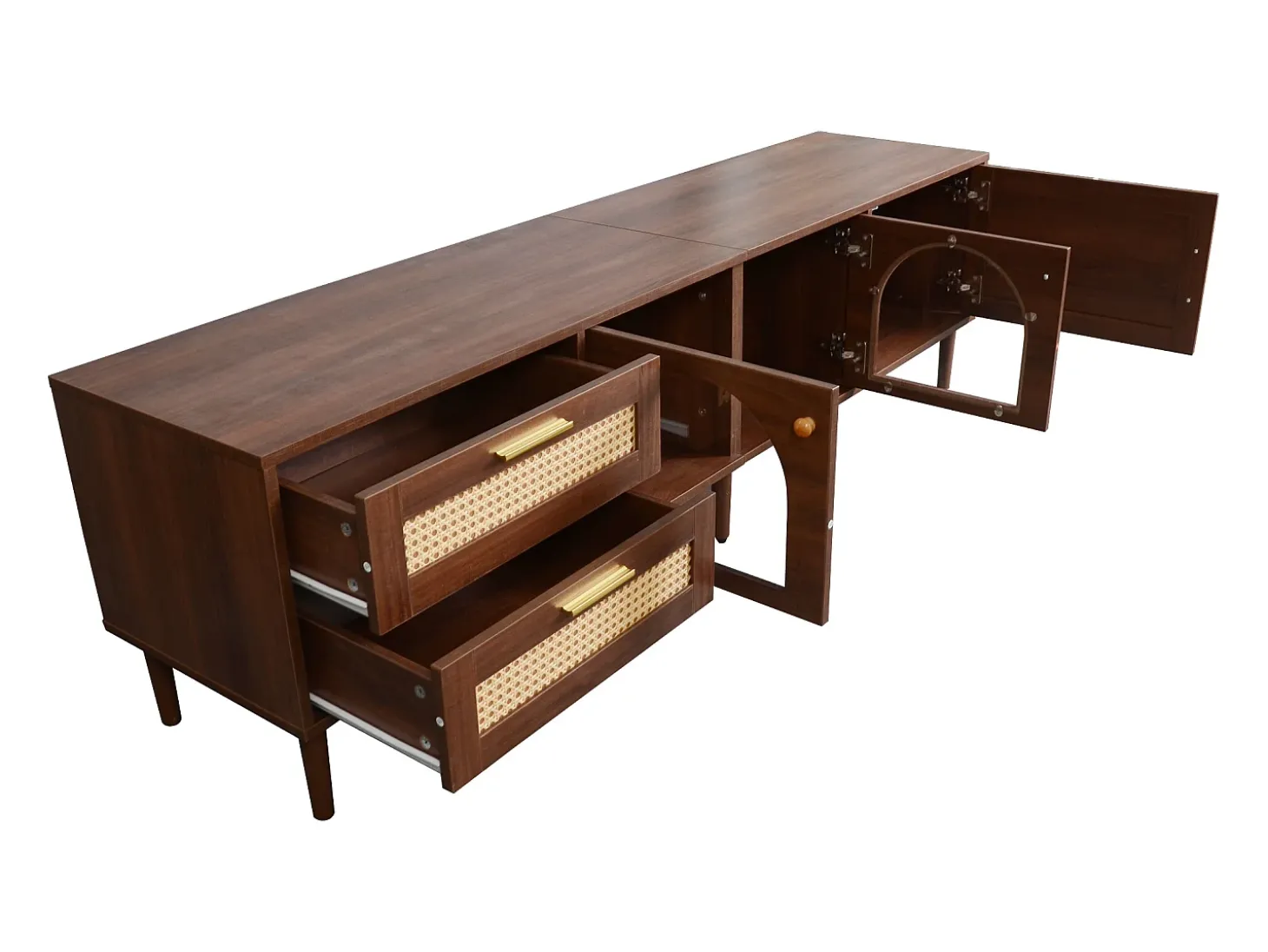 Mueble de TV de 180 cm para TV de 80" con 2 cajones de ratán, 2 puertas de cristal curvo y 1 puerta de ratán, iluminación LED, color marrón