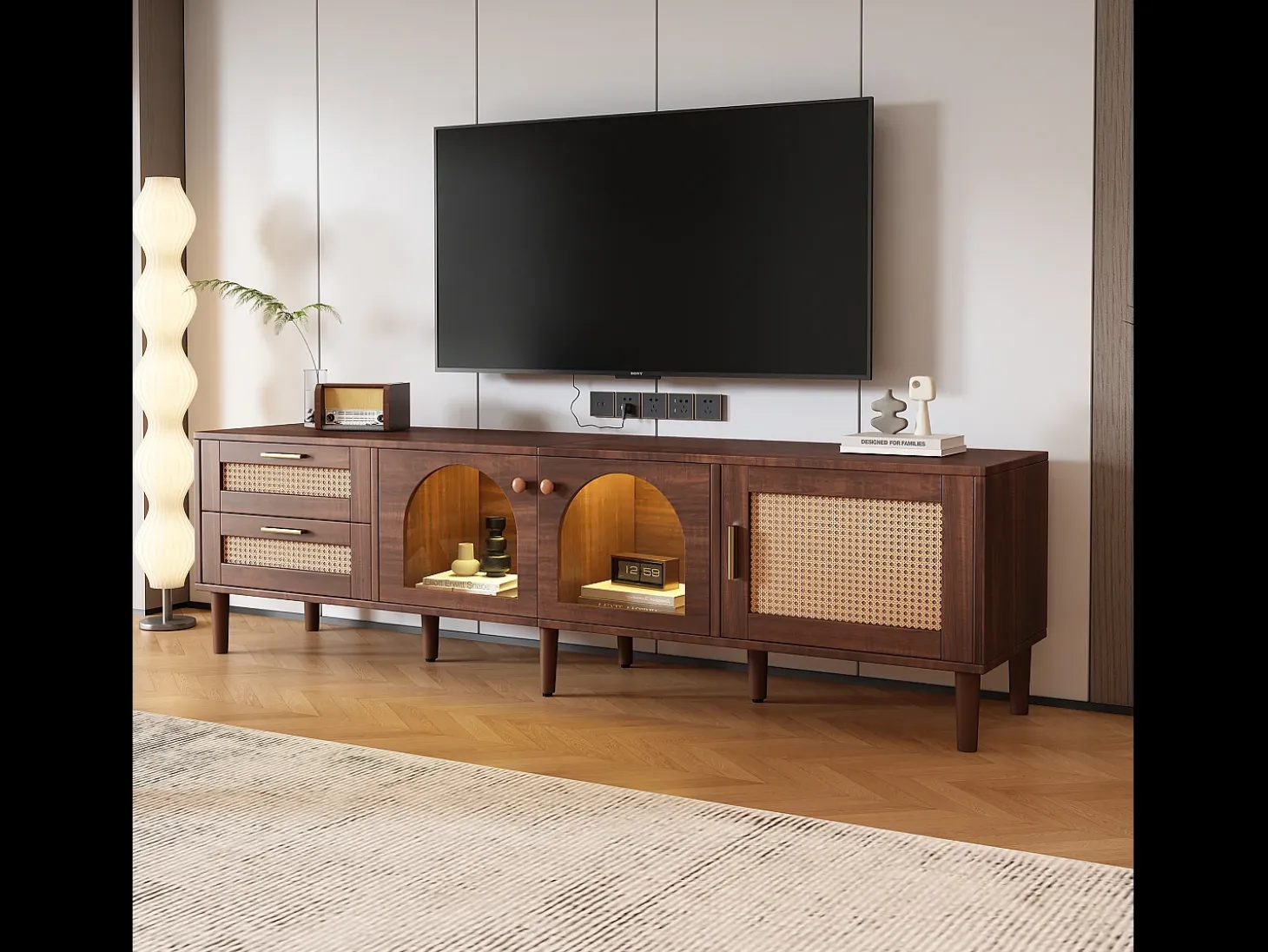 Mueble de TV de 180 cm para TV de 80" con 2 cajones de ratán, 2 puertas de cristal curvo y 1 puerta de ratán, iluminación LED, color marrón