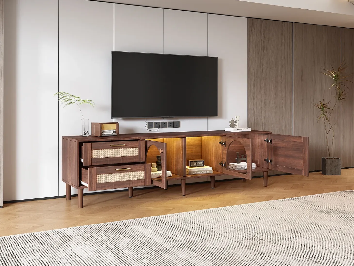 Mueble de TV de 180 cm para TV de 80" con 2 cajones de ratán, 2 puertas de cristal curvo y 1 puerta de ratán, iluminación LED, color marrón
