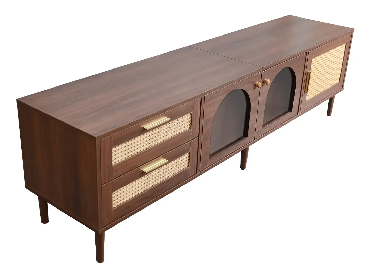 Mueble de TV de 180 cm para TV de 80" con 2 cajones de ratán, 2 puertas de cristal curvo y 1 puerta de ratán, iluminación LED, color marrón