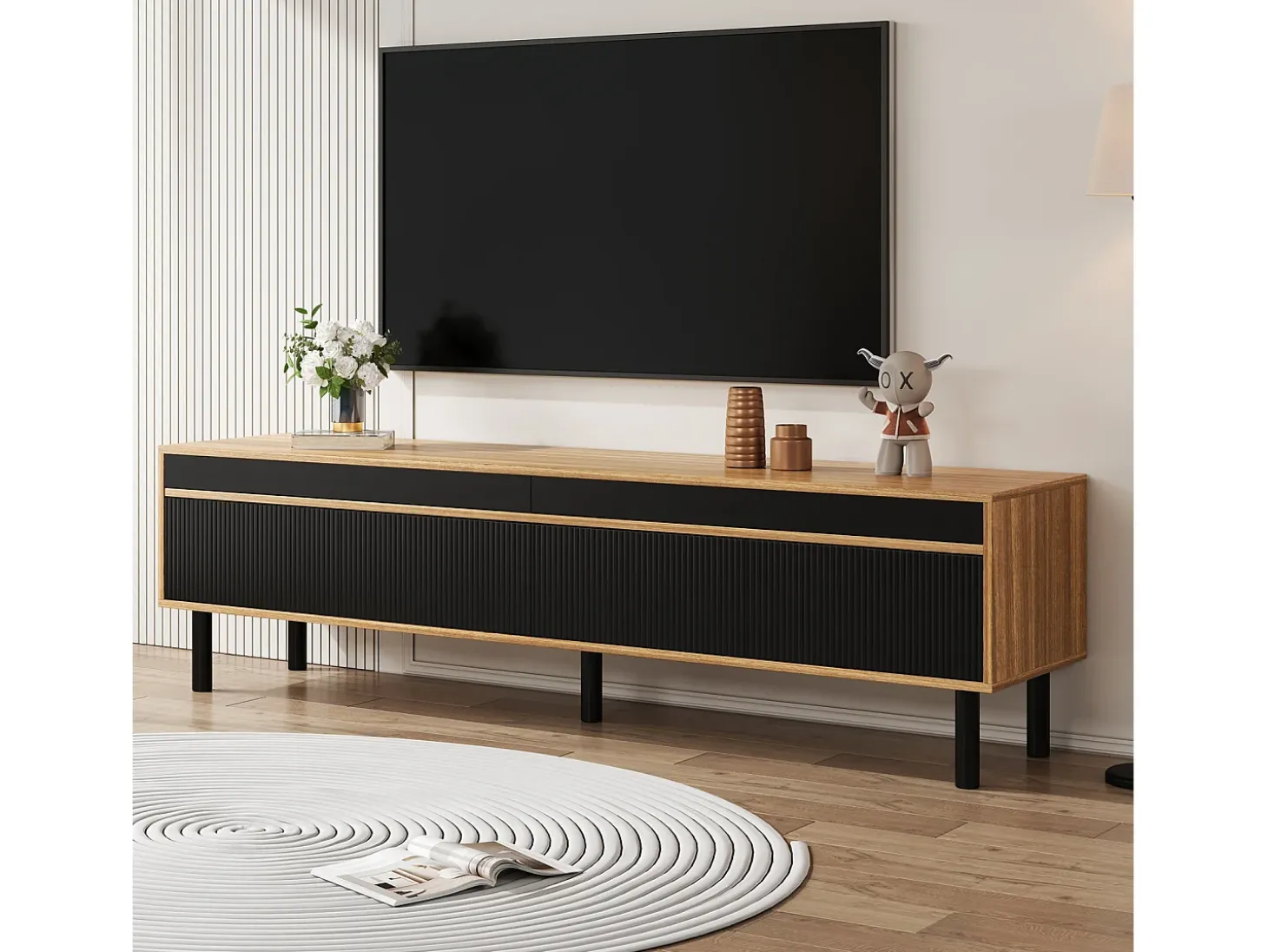Mueble de TV de 4 puertas con patas de madera maciza para salón o dormitorio, 170 x 38 x 47 cm, color negro y natural.