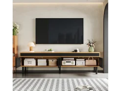 Mueble de TV de 4 puertas con patas de madera maciza para salón o dormitorio, 170 x 38 x 47 cm, color negro y natural.