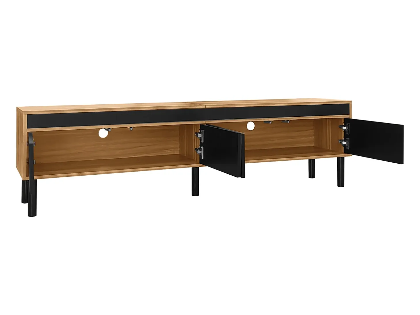 Mueble de TV de 4 puertas con patas de madera maciza para salón o dormitorio, 170 x 38 x 47 cm, color negro y natural.
