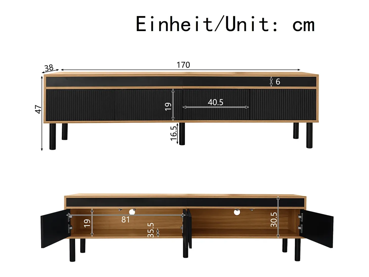 Mueble de TV de 4 puertas con patas de madera maciza para salón o dormitorio, 170 x 38 x 47 cm, color negro y natural.