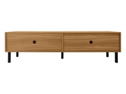 Mueble de TV de 4 puertas con patas de madera maciza para salón o dormitorio, 170 x 38 x 47 cm, color negro y natural.