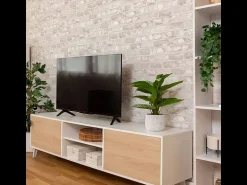 Mueble de TV de Diseño Nórdico + Modulo Alto, 2 Compartimentos de Almacenamiento y 2 Puertas,Cambrian-Blanco, 49cm(Alto) x 180cm (Ancho) x 40cm (Fondo)