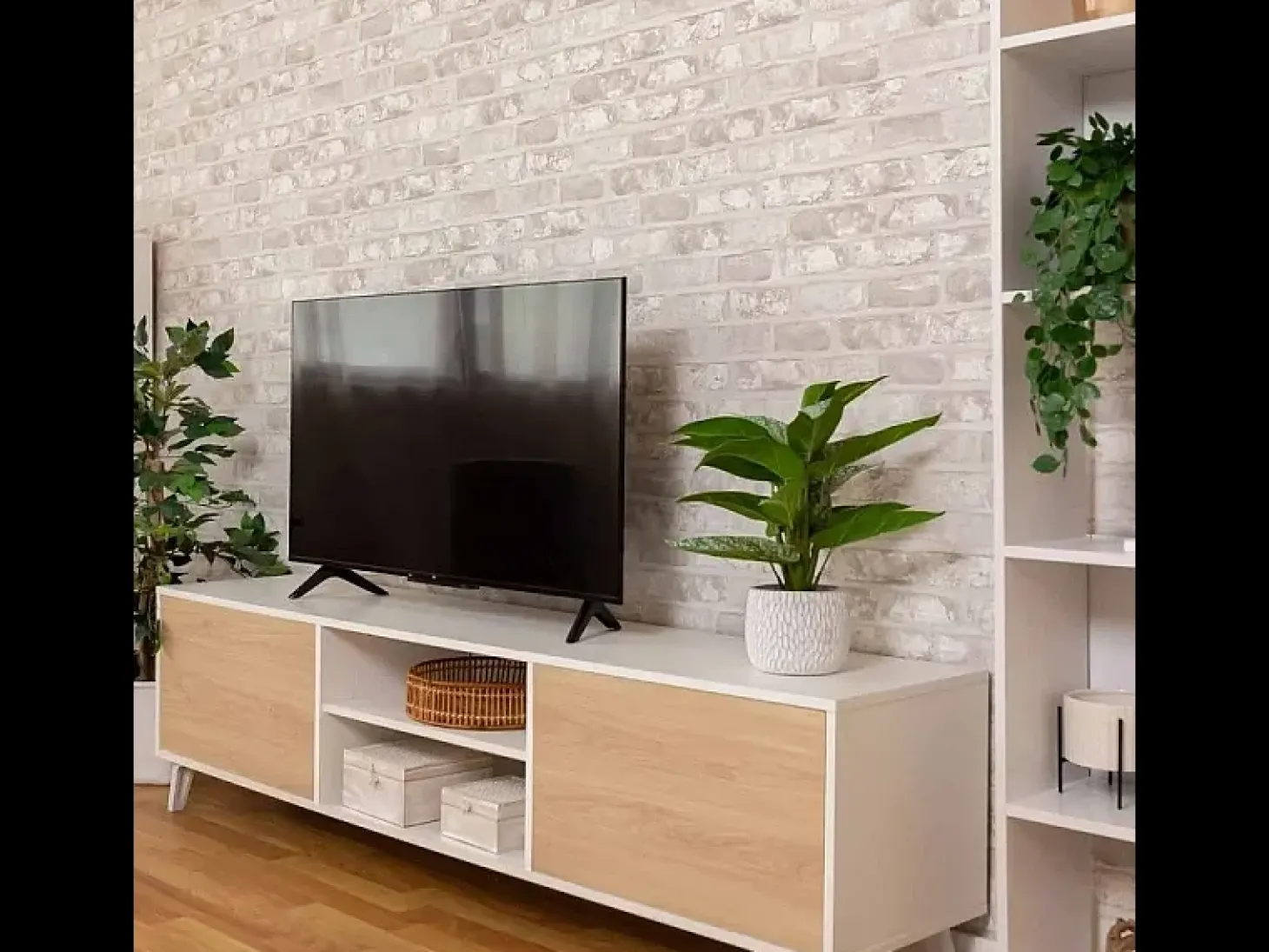 Mueble de TV de Diseño Nórdico + Modulo Alto, 2 Compartimentos de Almacenamiento y 2 Puertas,Cambrian-Blanco, 49cm(Alto) x 180cm (Ancho) x 40cm (Fondo)